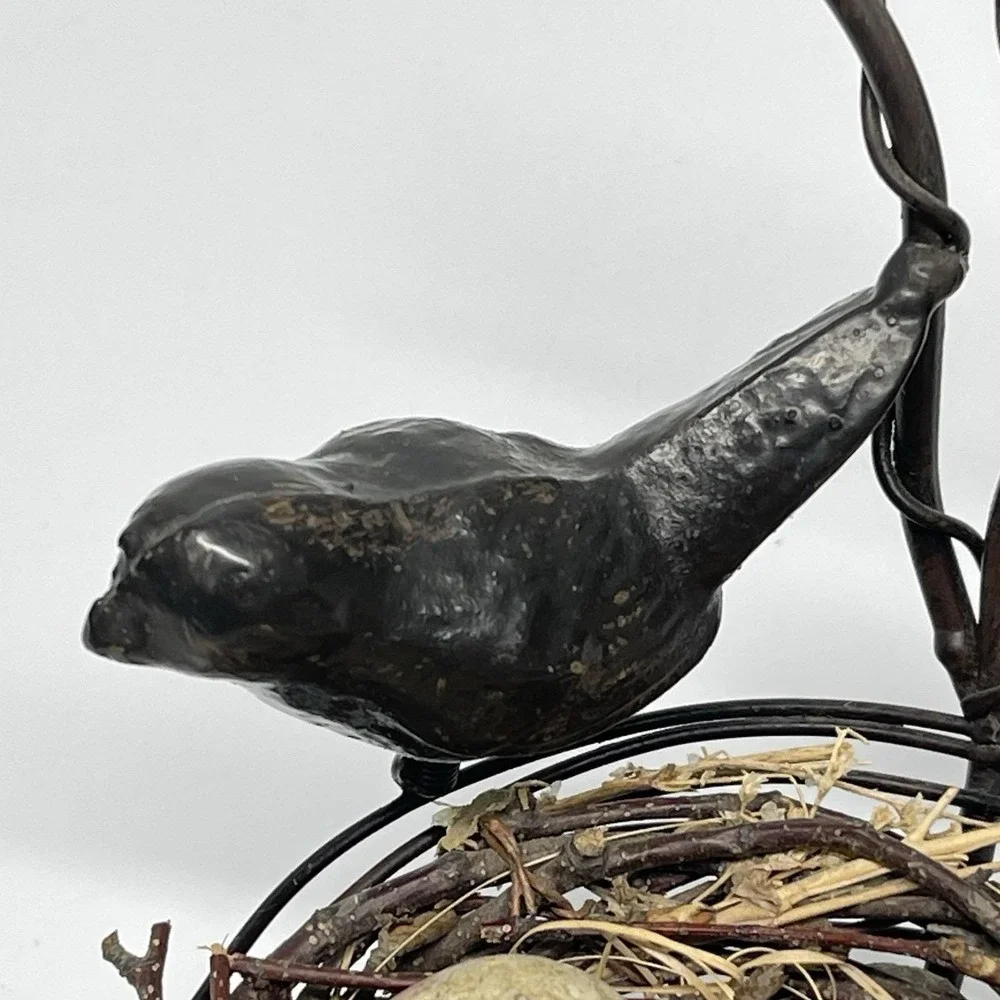Vintage Decorative Bird Nest Sitter Solid Metal, Twigs & Real Rock Eggs Rustic
